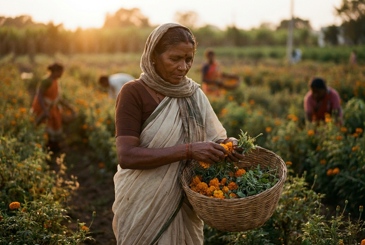 An Indian woman farmer harvesting botanical herbs and marigold in a sunlit field