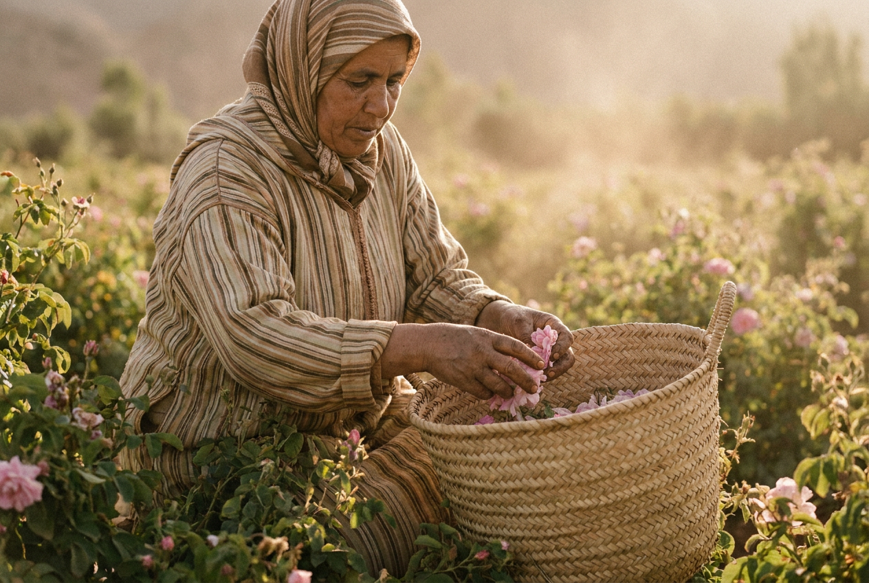A Moroccan woman harvesting Damask roses in a field at golden hour