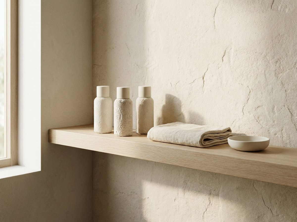 A japandi bathroom shelf with cream Flora Veda bottles, linen and oak
