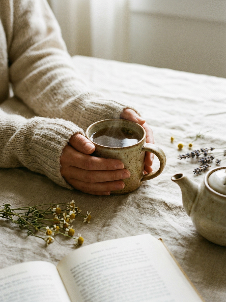 Hands around a warm ceramic cup of botanical tea